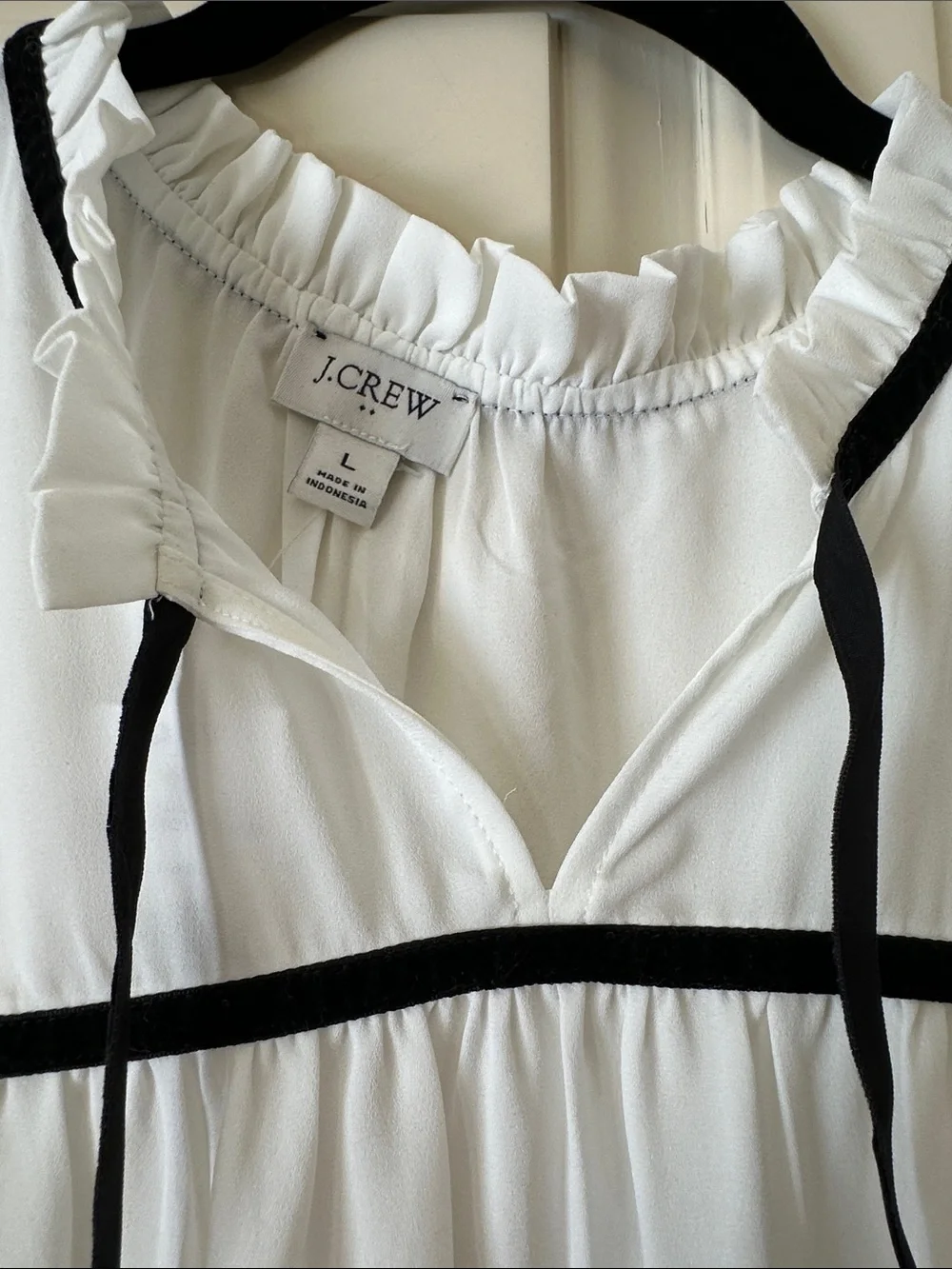 J. Crew White Chiffon Blouse with Black Trim